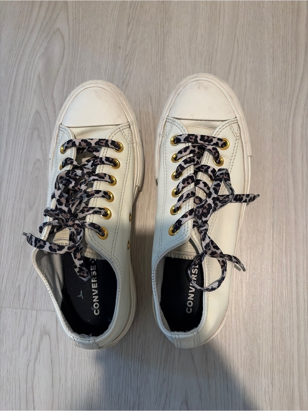 Converse White Low-Top Sneakers with Leopard Print Laces